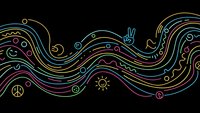 Colorful flowing lines with peace symbols and decorative elements on black background for modern design projects and creative artwork applications.
