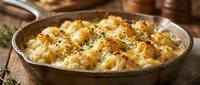 Creamy baked cauliflower gratin with golden cheese crust and herbs in rustic cast iron skillet on wooden table for comfort food recipes and cooking.