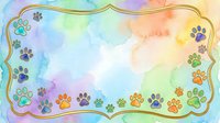 Watercolor background with colorful paw prints and gold decorative border, suitable for pet-related designs, greeting cards, and animal-themed projects.