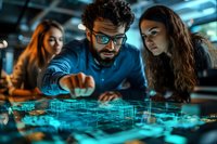 Middle Eastern man with glasses and beard collaborating with diverse female colleagues on futuristic holographic interface display showing city infrastructure.