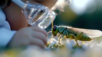 Metallic green wasp drinking water droplet in macro photography, showing detailed compound eyes and wings with soft bokeh background and morning sunlight.