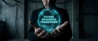 Mature male professional holding glowing holographic sphere displaying future readiness framework text, representing digital transformation, business strategy, and innovation planning for corporate development.