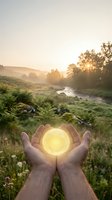 Hands holding glowing orb above misty valley landscape with river and trees at sunrise, symbolizing energy, hope, and environmental conservation for wellness and nature concepts.