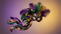 Ornate carnival mask with colorful feathers and ribbons on gradient background for Mardi Gras celebration and festive party decorations.