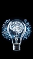 Glowing light bulb with brain inside surrounded by digital technology icons and data visualization elements on black background for innovation concepts.