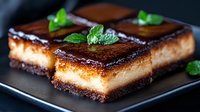 Decadent tiramisu squares with rich mascarpone layers, cocoa dusting and fresh mint garnish on dark plate. Elegant Italian dessert for cafes and restaurants.