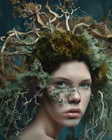Young woman with mystical forest crown of twisted branches, moss and lichen. Face decorated with crystal elements against dark teal background. Fantasy beauty portrait.