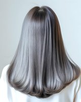 Long straight silver gray hair styled with flipped ends shown from behind on woman wearing white. Professional salon result demonstrates modern hair coloring technique.