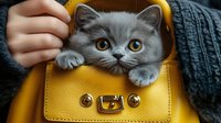 Adorable gray British shorthair kitten with bright orange eyes peeking out from yellow leather handbag held by person in knitted sweater.