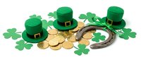 Green leprechaun hats with gold coins, horseshoe and shamrock clover leaves on white background for St. Patrick's Day celebrations and holiday designs.