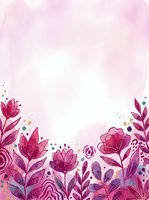 Watercolor floral border with pink and magenta blooms, leaves, and gold splashes on a soft pastel background with copy space.