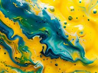 Vibrant fluid art with swirling blue, teal, and yellow paint creating abstract patterns and bubbles for modern home decor or creative backgrounds.