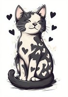 Smiling cartoon cat with heart pattern on fur, isolated on light background for greeting cards, pet merchandise, and children's designs.