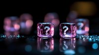 Pink ice cubes with question marks frozen inside on reflective surface with colorful bokeh lights background for mystery and uncertainty concepts.