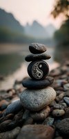 Balanced stone stack with yin yang symbol on riverbank against misty mountain backdrop, representing harmony and meditation in nature.