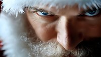 Close up view of bright blue eyes and white eyebrows with snow-like texture, creating mysterious winter holiday atmosphere. Dramatic lighting enhances facial features and festive mood.