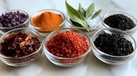 Vibrant collection of colorful spices and seasonings in glass bowls including paprika, dried chili, bay leaves and black spices on white background, culinary ingredients.