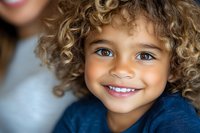 Close up portrait of cheerful mixed race child with curly blonde hair and bright blue eyes wearing navy sweater, smiling genuinely at camera.