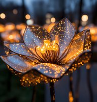 Glowing garden light shaped as lotus flower with sparkling illumination against dark background creates magical evening atmosphere in outdoor space.