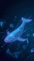Digital whale swimming through futuristic cyber space with glowing blue polygonal mesh design and geometric particles for technology concepts.