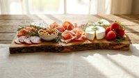 Gourmet charcuterie board with prosciutto, salami, soft cheese, nuts and fresh strawberries on rustic wooden cutting board in bright kitchen setting.