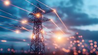 High voltage electrical transmission tower with glowing power lines against dramatic evening sky and bokeh lights, representing energy infrastructure and power distribution.