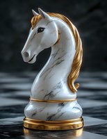 Marble chess knight piece with golden mane and trim against dark background, luxury game strategy concept. Elegant decorative design element for gaming themes.