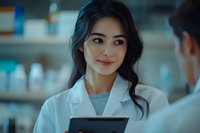 Young Asian female medical professional in white coat smiling warmly while consulting with colleague in healthcare setting, holding digital tablet for patient records.