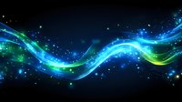 Glowing blue and green waves with sparkles flow across dark background creating magical light effect for abstract design projects and presentations.
