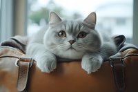 Gray tabby cat with white paws lounging on brown leather furniture near window, relaxed domestic pet portrait for home decor and animal content.