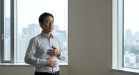 Middle-aged Asian man holding chest and stomach near office window, expressing discomfort or pain, city view background, health concept.