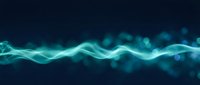 Glowing turquoise wave energy flowing across dark blue background with bokeh particles, suitable for technology, data visualization, and digital design projects.