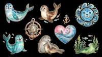 Nautical sea creatures and ocean design elements isolated on transparent background, ready for t-shirt designs, clipart, stickers, sublimation and print-on-demand projects.