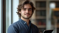 Young caucasian man with wavy brown hair and beard wearing blue button-up shirt smiling confidently in office setting with natural window lighting and blurred bookshelf background.