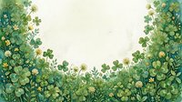 Watercolor shamrock border frame with lush green clovers and wildflowers, copy space for St. Patricks Day greeting cards and banners.