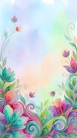 Watercolor floral border with vibrant pink, purple, and teal flowers on soft pastel gradient background. Decorative botanical frame with swirling leaves and buds, isolated on white for design projects.