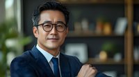 Professional Asian businessman in navy suit and glasses smiling confidently in modern office environment for corporate business presentations.