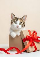 Tabby and white cat peeking from kraft gift box with red ribbon bow on beige background. Perfect for holiday greeting cards, pet adoption campaigns, and festive marketing materials.