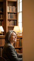 Mature woman with gray hair in olive cardigan sitting in home library with wooden bookshelves, warm lamp lighting, and window light, suitable for lifestyle and education concepts.