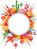 Colorful Chinese New Year frame with traditional elements bamboo lanterns cherry blossoms clouds and decorative ornaments on white background.