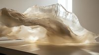 Contemporary art installation featuring translucent fabric draped over geometric forms creating dramatic shadows and light play in minimalist gallery space.