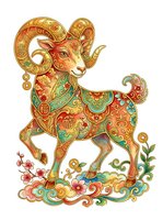 Ornate golden ram with intricate red, green, and turquoise decorative patterns, isolated on white background. Ideal for lunar new year designs, greeting cards, and festive artwork.