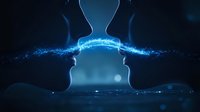 Silhouettes of faces with glowing electric arc connecting lips against dark background, depicting attraction and connection between two people in mystical atmosphere.
