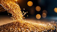 Golden glitter pouring from above creating a shimmering cascade with bokeh lights, suitable for luxury, celebration, and festive design projects.