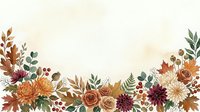 Watercolor autumn floral border with roses, dahlias, chrysanthemums, and fall leaves on a light background with copy space.
