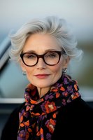 Elegant mature woman with silver hair wearing stylish glasses and floral scarf smiles confidently outdoors, representing active aging and fashion for seniors.
