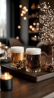 Two glasses of draft beer with foam on wooden board decorated with pine cones and bokeh lights creating cozy winter atmosphere for restaurant menu or holiday celebration.