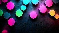 Glowing neon octagon shapes scattered on dark textured background with vibrant pink, turquoise and orange colors creating modern abstract composition.