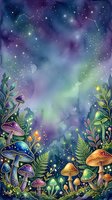 Enchanted forest floor with glowing mushrooms, magical plants, and starry night sky with constellation lines and ethereal light effects.