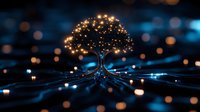 Glowing tree silhouette with magical light particles against dark background, illuminated branches creating mystical atmosphere with bokeh effect and light trails.